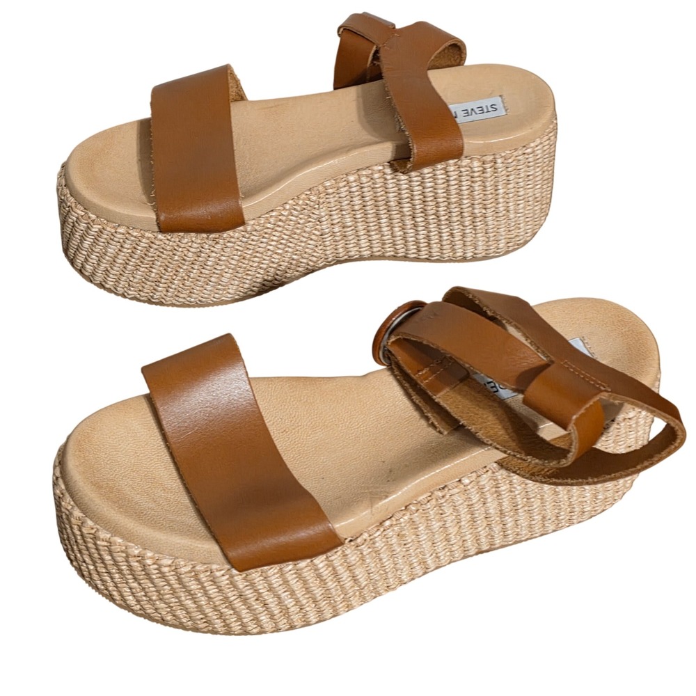 Steve Madden Brown Leather Espadrille Platform Sandals Size 9 Flatform Woven